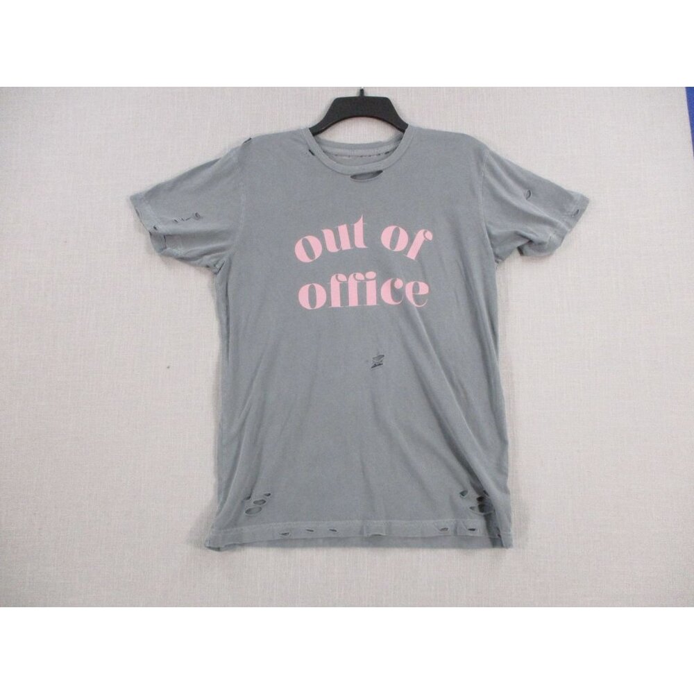 Distressed Gray Graphic T-Shirt "Out Of Office" Pink Lettering Womens Casual Tee